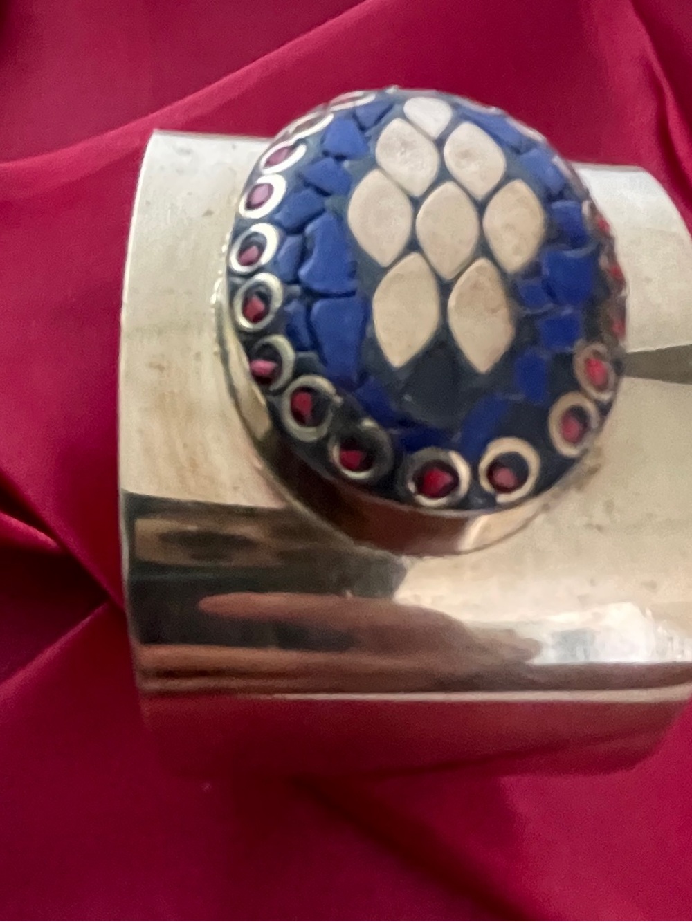 Antique  Tone Cuff Bracelet with Blue and Pink Enamel Accent.